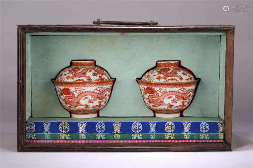 A Pair of Chinese Iron Red Porcelain Cups with Cover