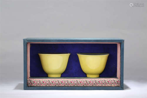 A Pair of Chinese Yellow Glazed Porcelain Cups