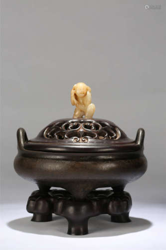 A Chinese Bronze Incense Burner with Cover and Stand