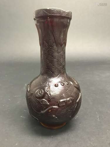 Qianlong Mark, Chinese Carving Fish and Lotus Bottle Vase