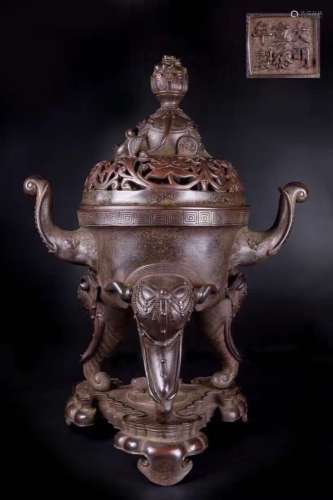 Chinese Ming Bronze Elephant Censer with Lid and Stand