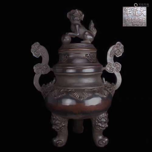 Large Chinese Bronze Tripod Censer with Lion Lid