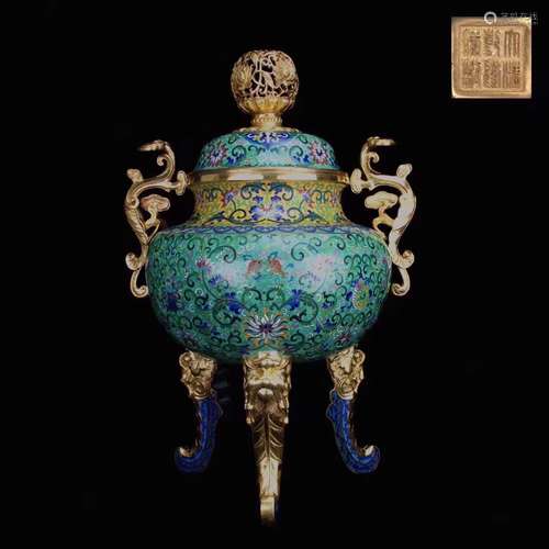 Chinese Gilt Bronze Cloisonne Enamel Censer with Linzhi Handles