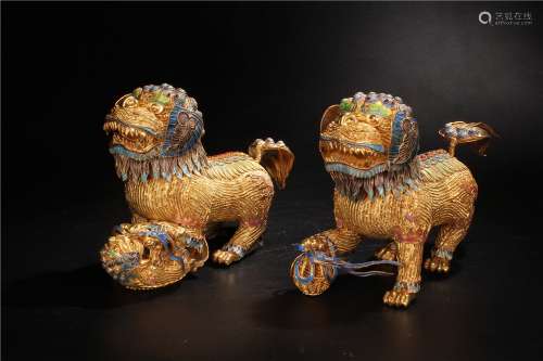 Piar of Chinese Gilt Silver Lions