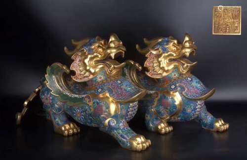 Pair of Gilt Bronze Cloisonne Enamel Pixie