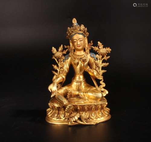 Chinese Qing Gilt Bronze Green Tara