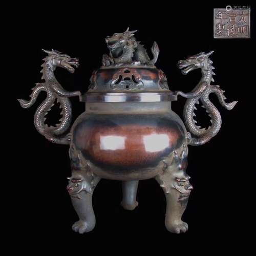 Xuande Mark, Chinese Bronze Tripod Censer with Cover