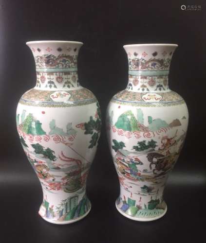 Pair of Wucai Glaze Guanyin Vases