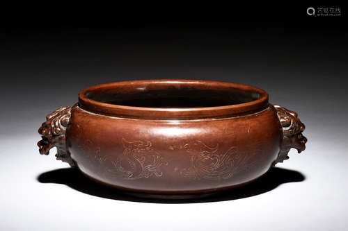 BRONZE CAST CENSER WITH BEAST MASK HANDLES