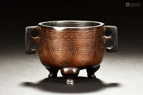 SILVER INLAID BRONZE TRIPOD CENSER