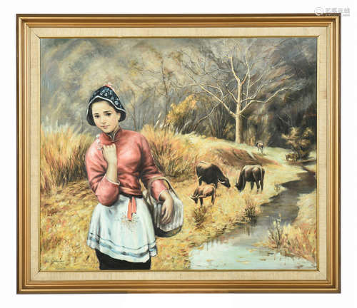 FRAMED OIL PAINTING 'VILLAGE GIRL'