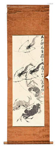 QI BAISHI: INK ON PAPER PAINTING 'SHRIMPS AND CRABS'