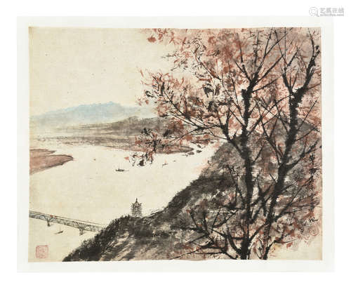 FU BAOSHI: INK AND COLOR ON PAPER PAINTING 'RIVER SCENERY'