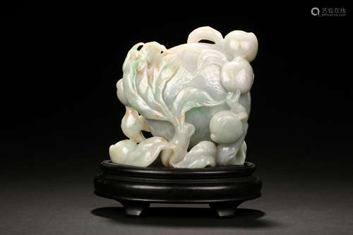 JADEITE CARVED 'PEACHES' FIGURE WITH STAND