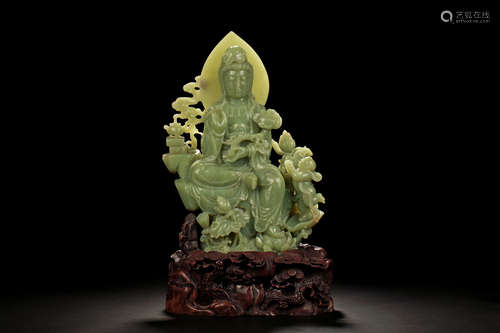 JADE CARVED GUANYIN AND CHILD FIGURE WITH WOODEN STAND