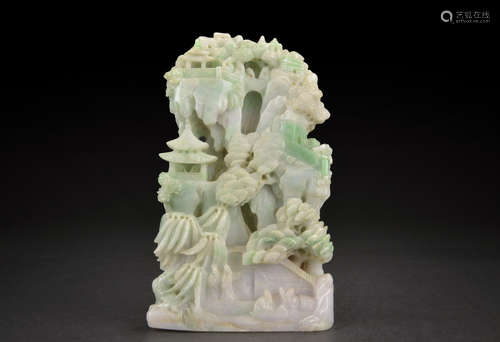 CARVED JADEITE 'PAVILION SCENE' DECORATIVE SHANZI