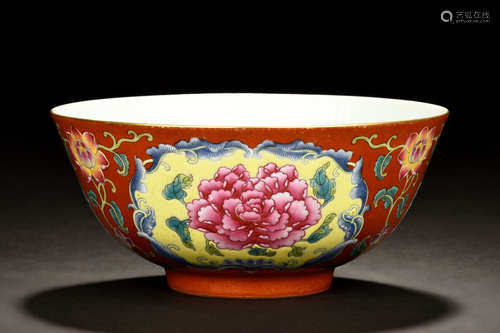 FAMILLE ROSE AND RED GROUND 'FLOWERS' BOWL