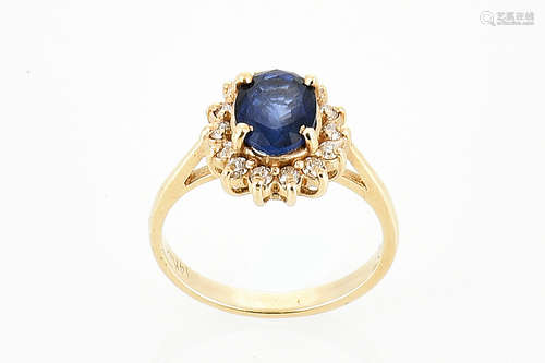 14K YG 1.85CT SAPPHIRE RING WITH DIAMONDS