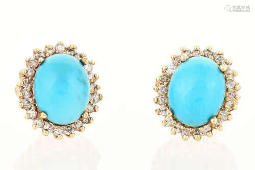 14K YG CABOCHON CUT TURQUOISE EARRINGS WITH DIAMONDS