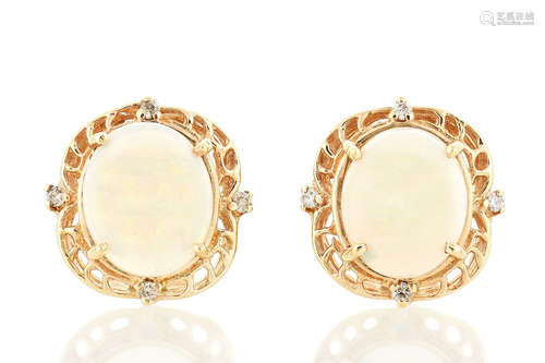 14K YG CABOCHON OVAL CUT OPAL EARRINGS WITH DIAMONDS