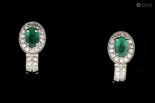 14K WG OVAL CUT EMERALD, WITH DIAMONDS, HUGGIES EARRINGS