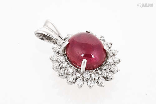 14K WG PENDANT WITH CABOCHON CUT RUBY AND DIAMONDS