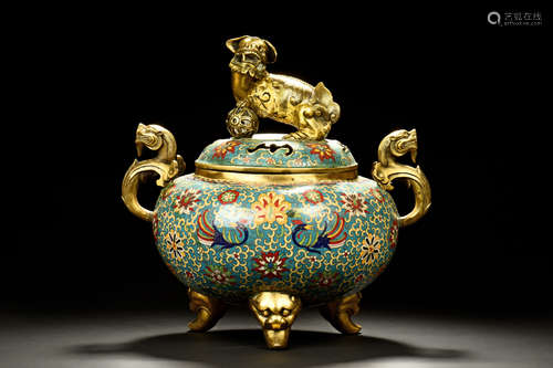 CLOISONNE ENAMELED 'BEAST' TRIPOD CENSER WITH COVER