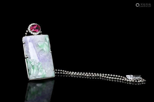 CARVED JADEITE PENDANT WITH 3 CT TOURMALINE AND 18K WG NECKLACE WITH GIA CERTIFICATE