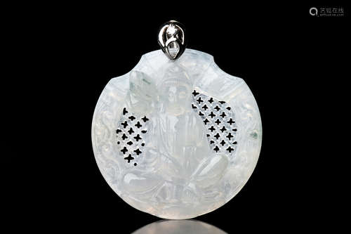 ICY JADEITE GUANYIN AND DIAMOND 18K YG PENDANT WITH GIA CERTIFICATE