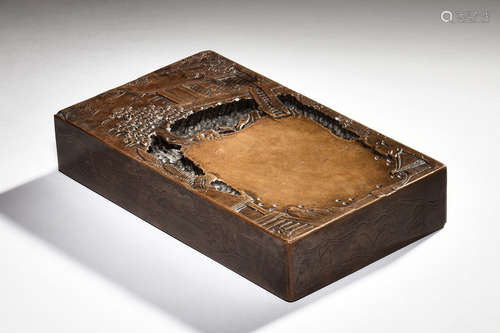 RECTANGULAR 'LANDSCAPE AND CALLIGRAPHY' INK STONE