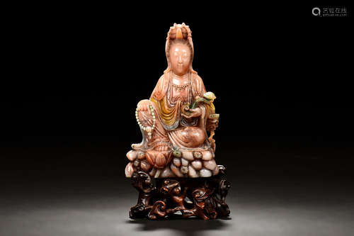 SHOUSHAN SOAPSTONE CARVED GUANYIN FIGURE WITH STAND