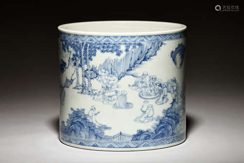 BLUE AND WHITE 'ARHATS' BRUSH POT