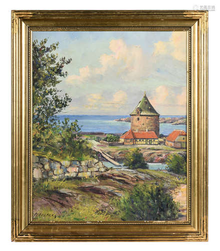 HOVLBERG: FRAMED OIL PAINTING ' OCEANSIDE VILLAGE'