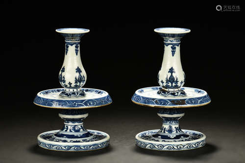 PAIR OF BLUE AND WHITE CANDLE HOLDERS