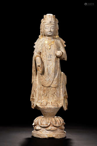 LIMESTONE CARVED AND PARCEL GILT BODHISATTVA STATUE