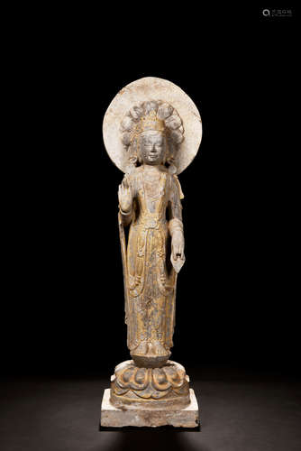 LIMESTONE CARVED AND PARCEL GILT BODHISATTVA STATUE