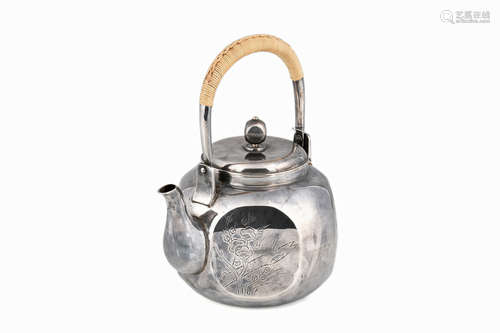 JAPANESE SILVER TEAPOT WITH CARVED FLOWERS PATTERN