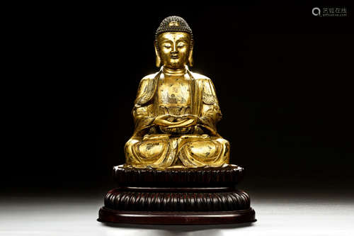 GILT BRONZE CAST SHAKYAMUNI BUDDHA SEATED FIGURE