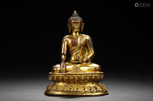 GILT BRONZE SEATED SHAKYAMUNI FIGURE