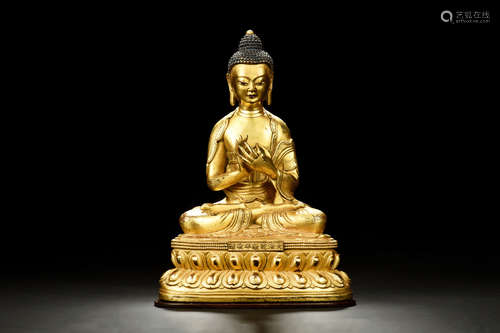 GILT BRONZE SEATED BHAISAJYAGURU FIGURE