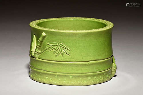 GREEN GLAZED 'BAMBOO' BRUSH POT