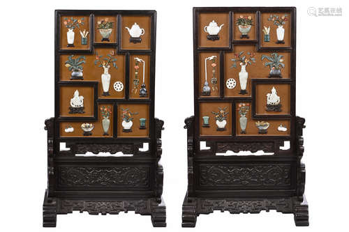 PAIR OF WOOD FRAMED AND JADE INLAID SCREEN PANELS