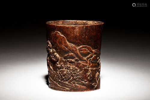 AGARWOOD CARVED 'LANDSCAPE SCENERY' BRUSH POT