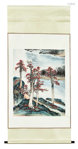 GUAN SHANYUE: INK AND COLOR ON PAPER PAINTING 'LANDSCAPE SCENERY'