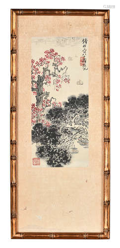 QIAN SONGYAN: FRAMED INK AND COLOR ON PAPER PAINTING 'LANDSCAPE SCENERY'