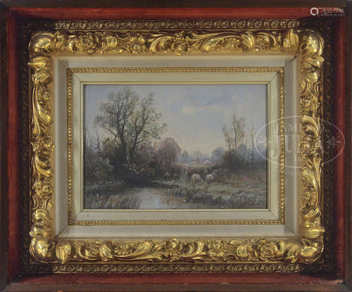 EUROPEAN SCHOOL (19th century) LANDSCAPE WITH FIGURE AND COWS NEAR A STREAM.