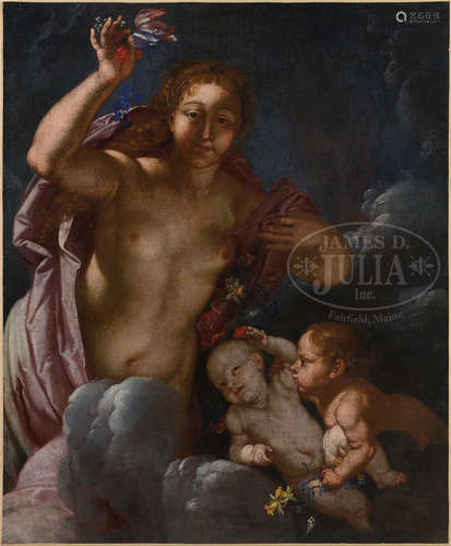 FRENCH SCHOOL (17/18th century) ALLEGORICAL PORTRAIT OF A WOMAN AND TWO CHERUBS.