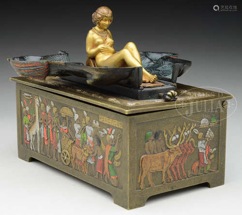 FRANZ BERGMANN (Austria, 1861-1936) COLD PAINTED NAUGHTY BRONZE EGYPTIAN BOX WITH SPHINX.