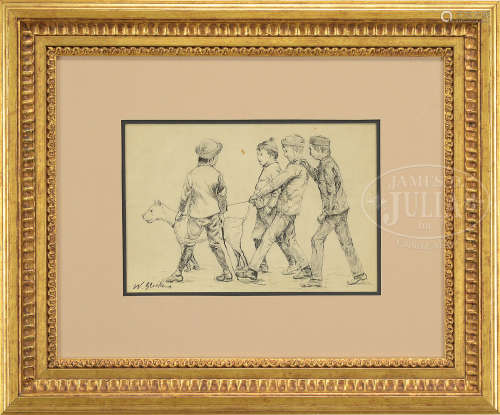WILLIAM JAMES GLACKENS (American, 1870-1938) FOUR BOYS WALKING A DOG.