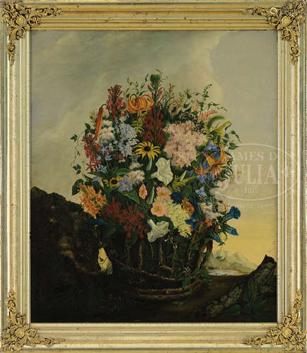 ATTRIBUTED TO ADELHEID DIETRICH (German, 1827-1891) STILL LIFE OF A BASKET OF FLOWERS IN A LANDSCAPE.